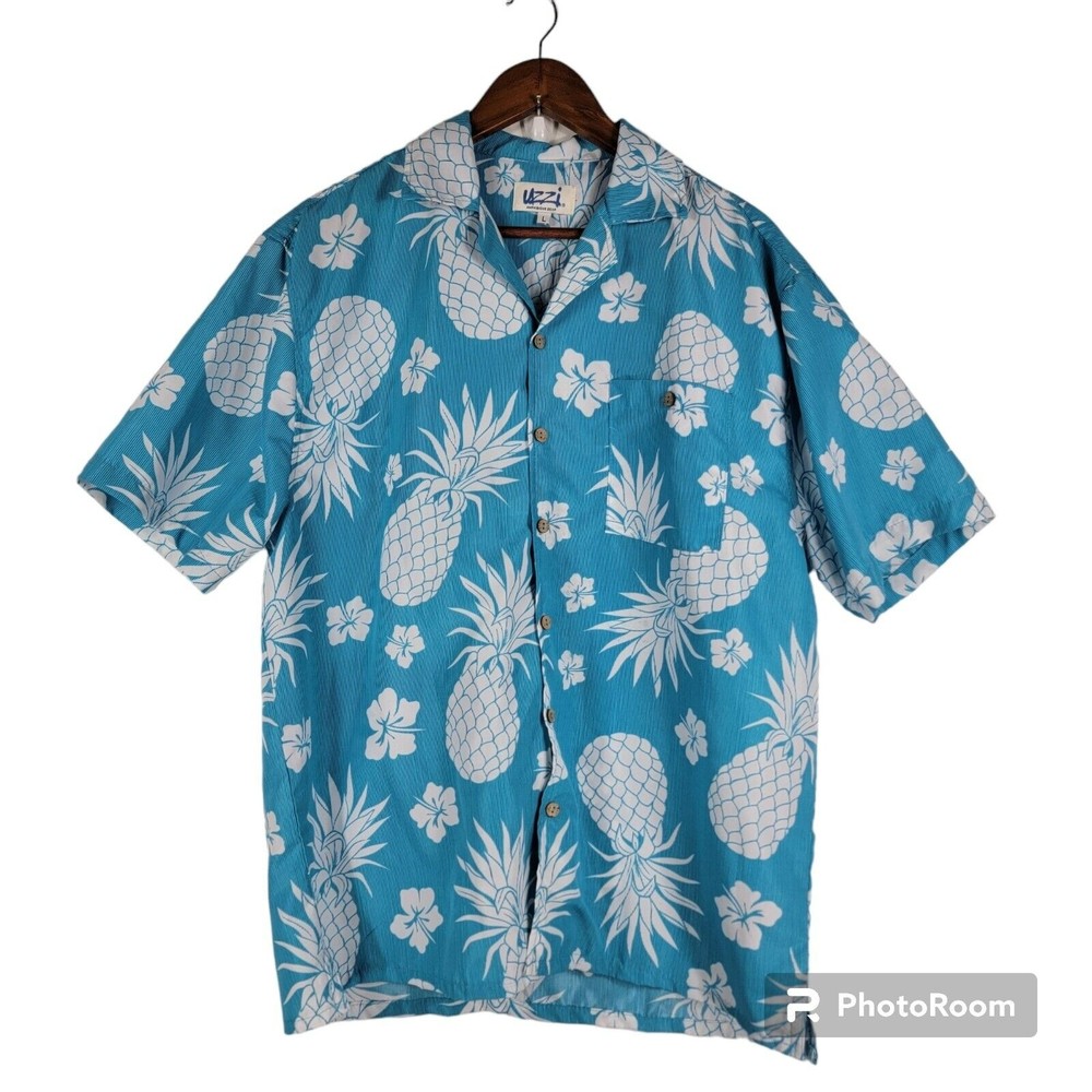 Uzzi Amphibious Gear Hawaiian Shirt Pineapples Turquoise Short Sleeve Men's Lg‎